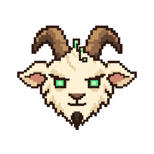 Goat, a cream pixel goat with glowing mint eyes