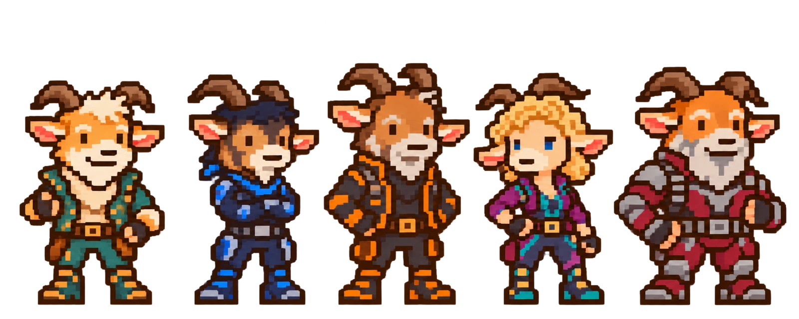 Pixel goats Spencer, Ritchie, Erik, Susanna and David in colorful adventure outfits