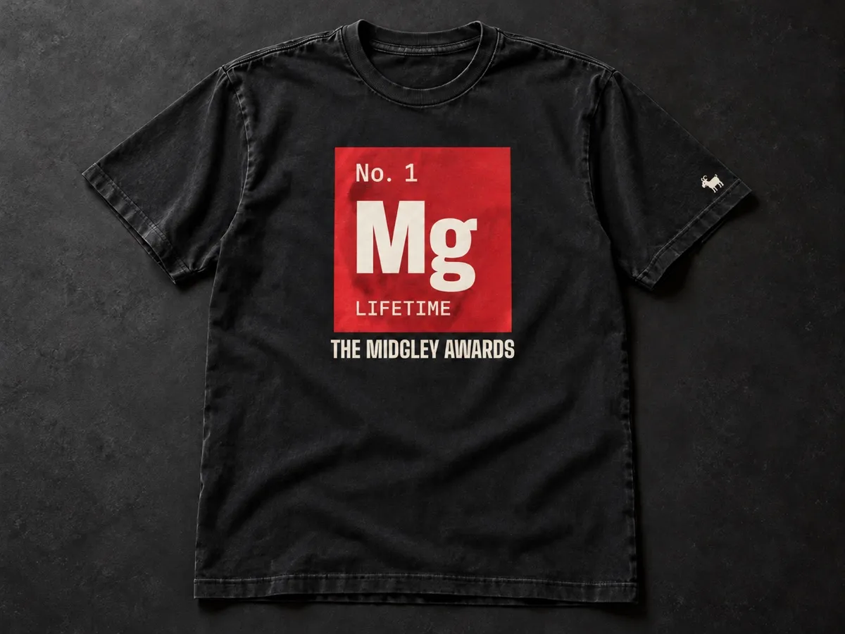 Washed-black T-shirt with the red No. 1 Mg Lifetime periodic-table award tile